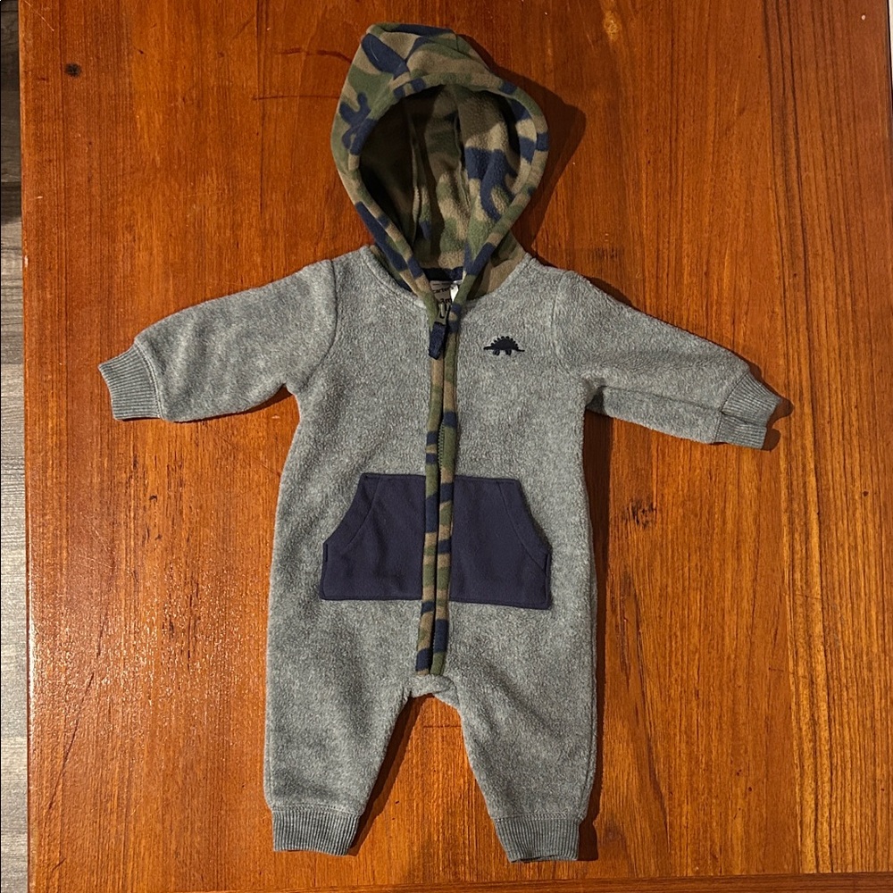 Carter's Gray One Piece with Camo Hood and Navy Pocket